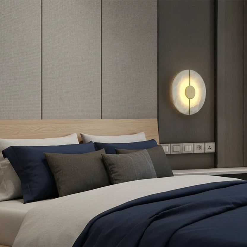 Qivo Minimalist Alabaster Split Disc Wall Sconce - Lumovique
