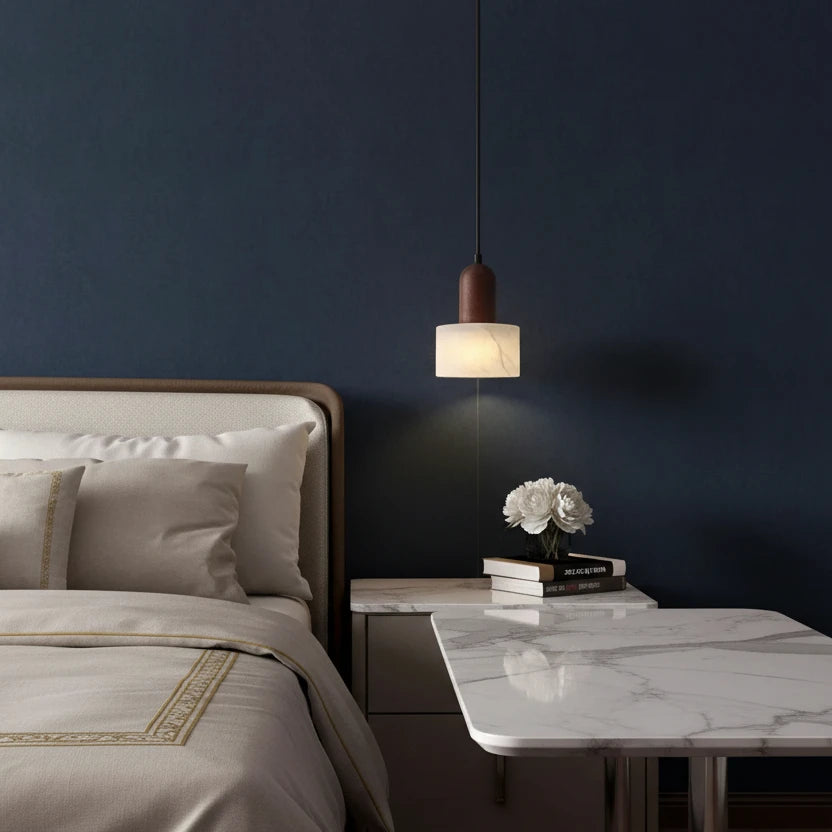 Mavi Japandi Alabaster Wood Cylinder Pendant Light - Lumovique