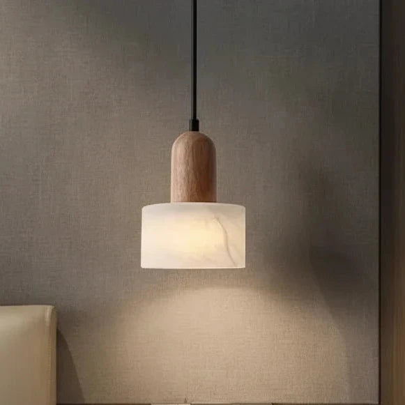 Mavi Japandi Alabaster Wood Cylinder Pendant Light - Lumovique