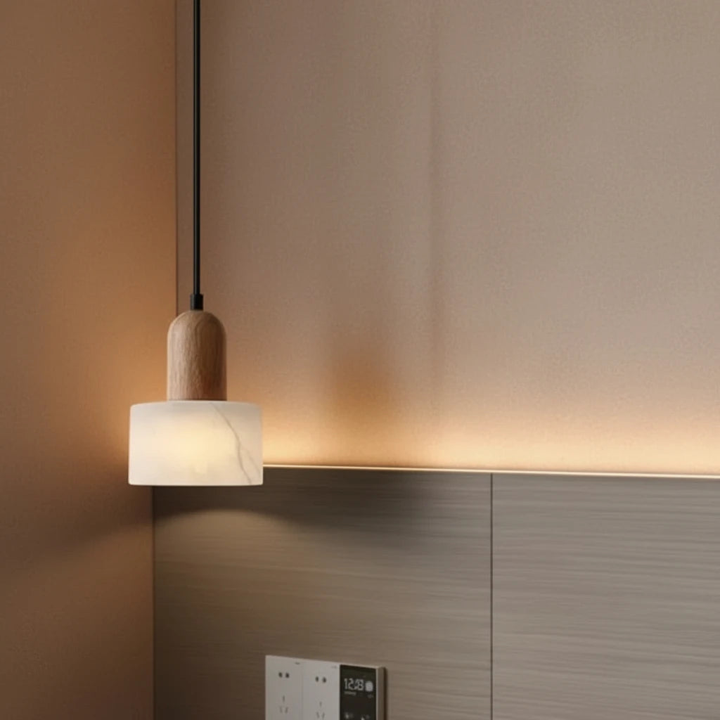 Mavi Japandi Alabaster Wood Cylinder Pendant Light - Lumovique