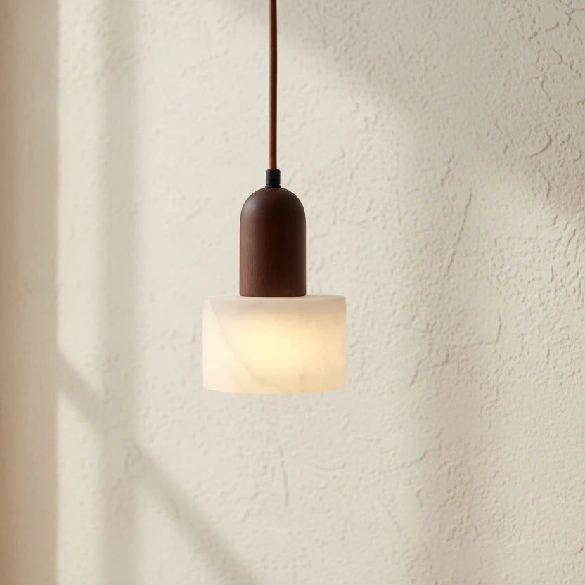 Mavi Japandi Alabaster Wood Cylinder Pendant Light - Lumovique