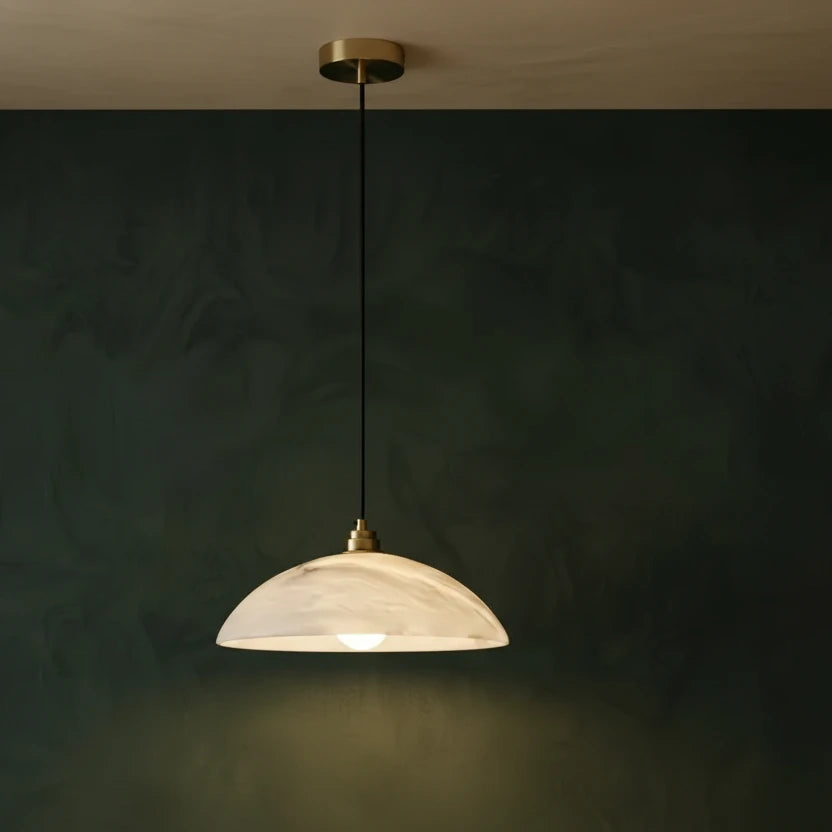 Minimalist Dome Pendant Lamp — Carved Alabaster & Polished Brass for Dining Room 0
