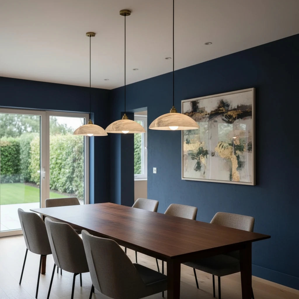 Minimalist Dome Pendant Lamp — Carved Alabaster & Polished Brass for Dining Room 1
