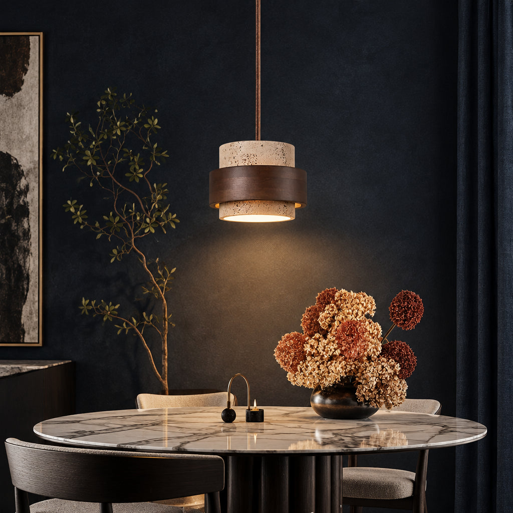Vyli Wabi Sabi Travertine Wood Pendant Light - Lumovique