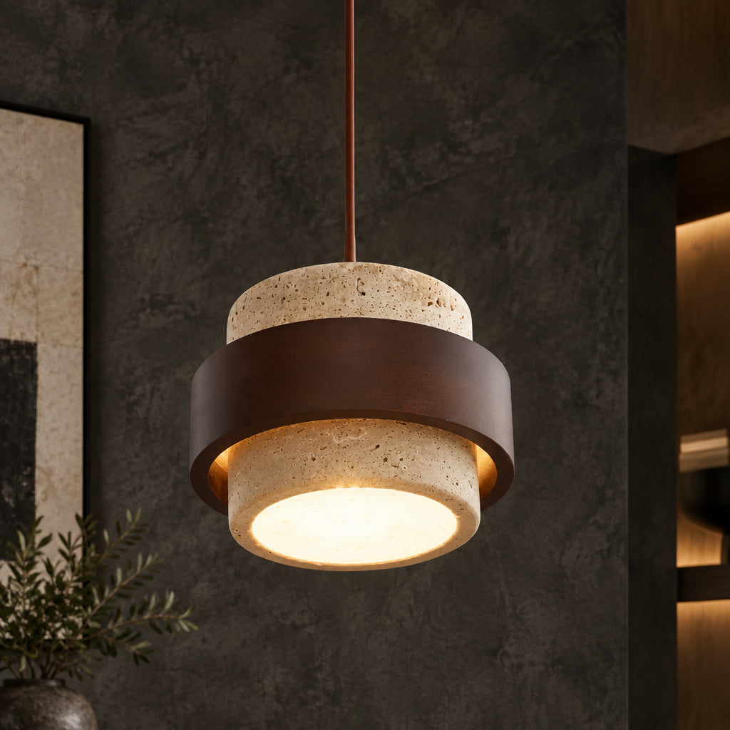 Vyli Wabi Sabi Travertine Wood Pendant Light - Lumovique