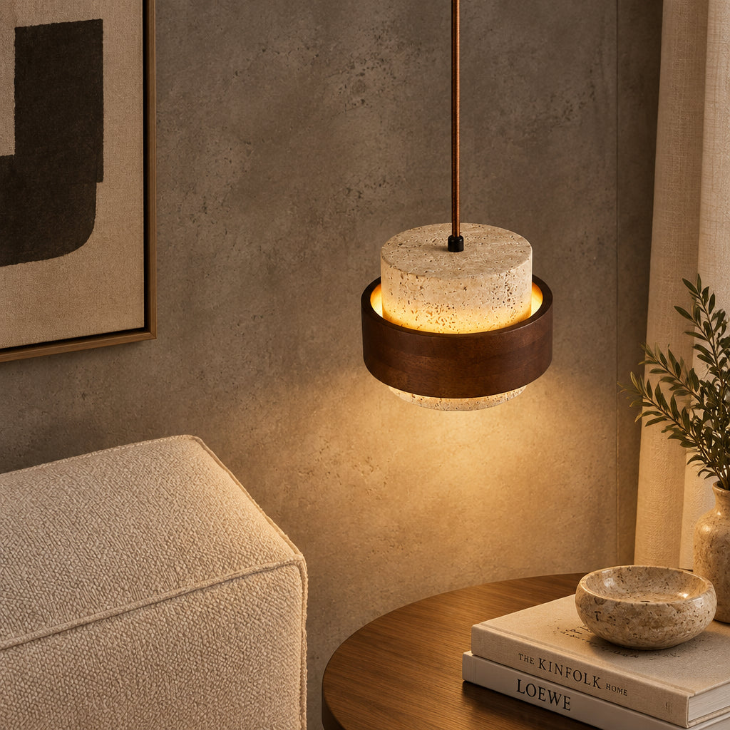 Vyli Wabi Sabi Travertine Wood Pendant Light - Lumovique
