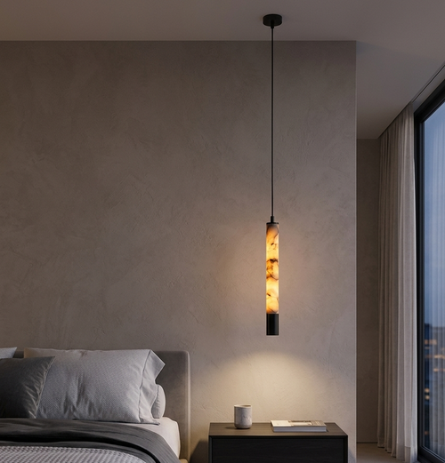 Brenu Alabaster Cylinder Pendant Light with Integrated LED and Downward Spotlight - Lumovique