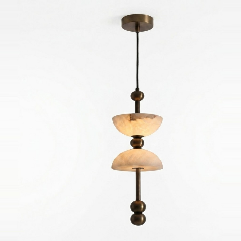 Denro Alabaster Double Bowl Pendant Light, Stacked Translucent Hanging Fixture