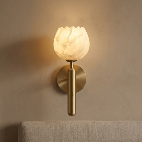 Aleno Alabaster Lotus Wall Sconce with a Carved Ivory Flower-Bud Shade - Lumovique