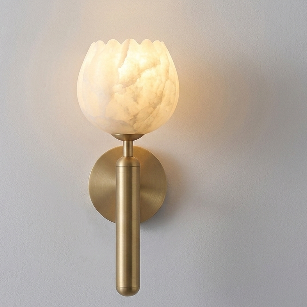 Aleno Alabaster Lotus Wall Sconce with a Carved Ivory Flower-Bud Shade - Lumovique