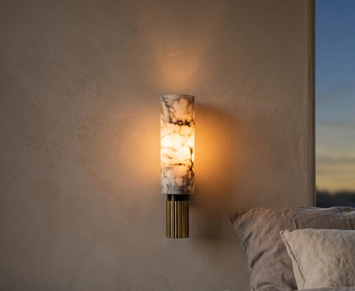 Dorlu Marble Cylinder Wall Sconce with Fluted Copper Base, Warm Upward Glow - Lumovique
