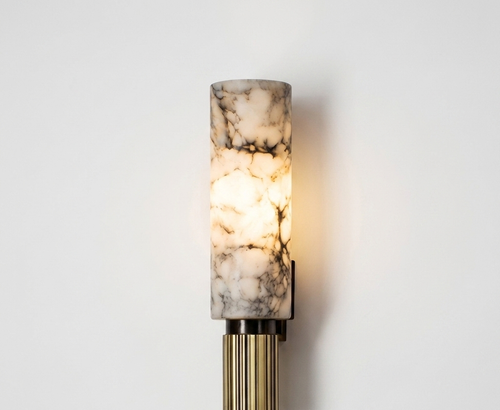 Dorlu Marble Cylinder Wall Sconce with Fluted Copper Base, Warm Upward Glow - Lumovique