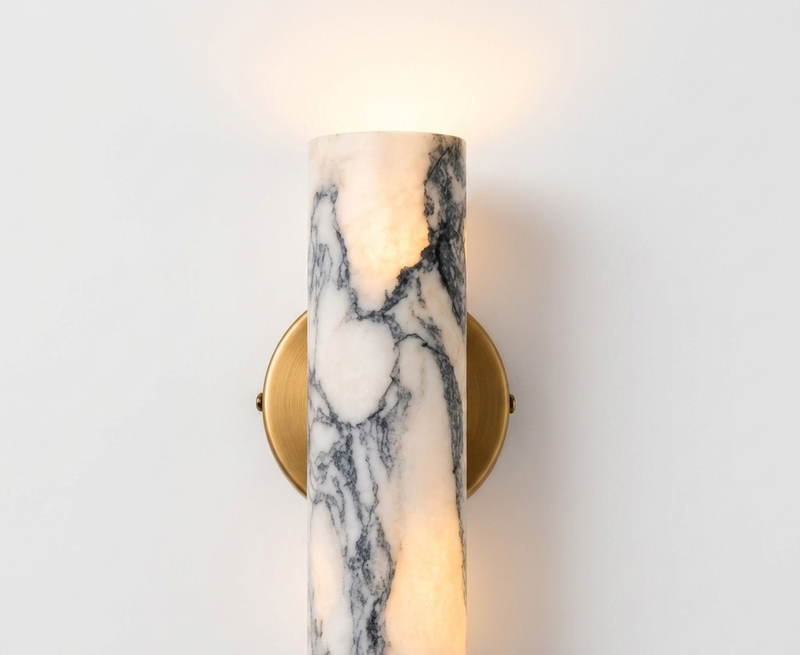 Herlo Alabaster Cylinder Wall Sconce with Brass Disc and Touch Switch, Up-Down Glow