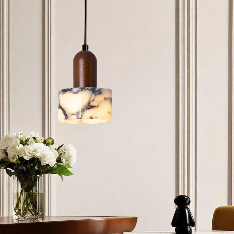Larno Japandi Marble Wood Cylinder Pendant Light - Lumovique
