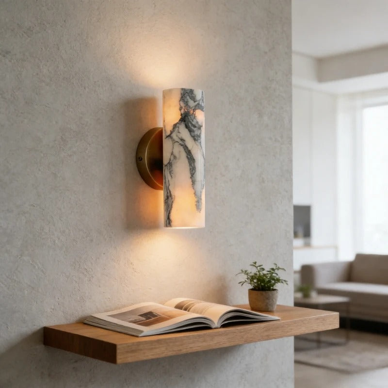 Herlo Mid Century Brass Marble Cylinder Wall Sconce - Lumovique