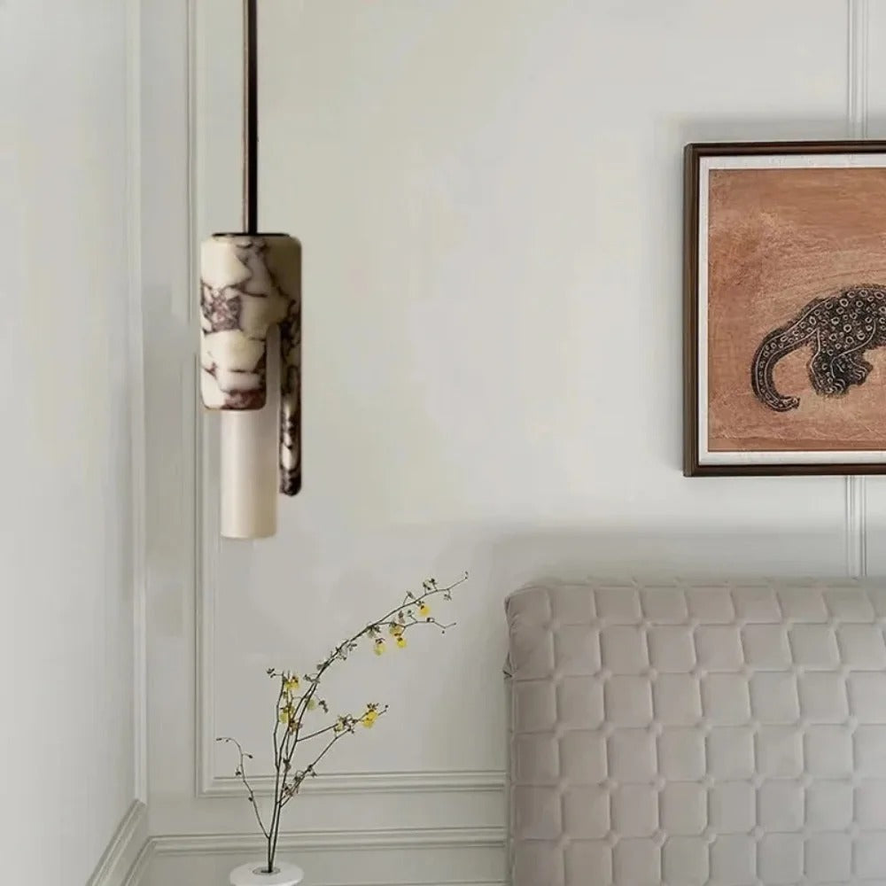 Rive Japandi Marble Glass Cylinder Pendant Light - Lumovique