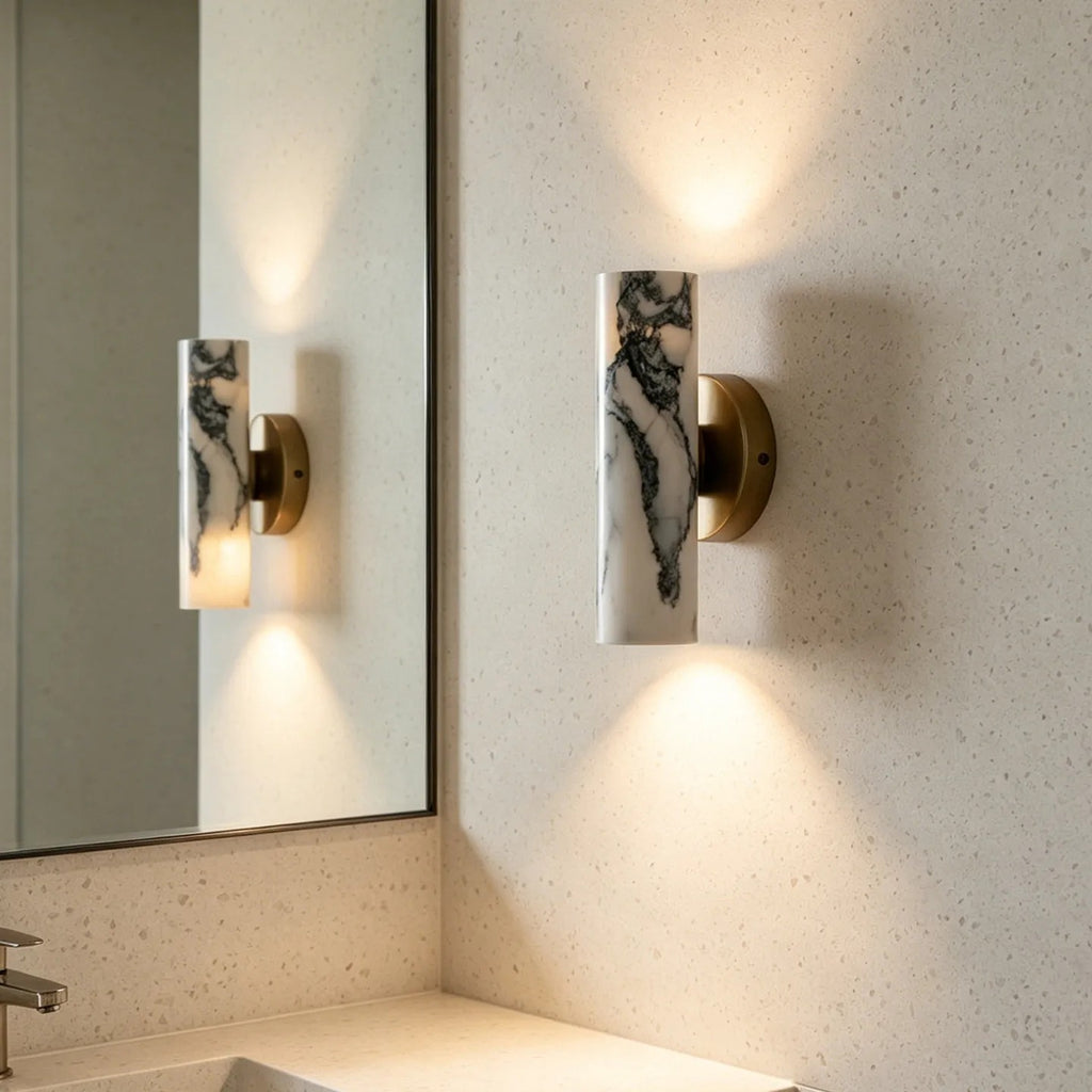 Herlo Mid Century Brass Marble Cylinder Wall Sconce - Lumovique