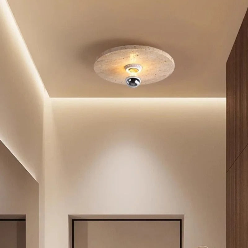 Felu Japandi Travertine Wood Semi Flush Mount Ceiling Light - Lumovique