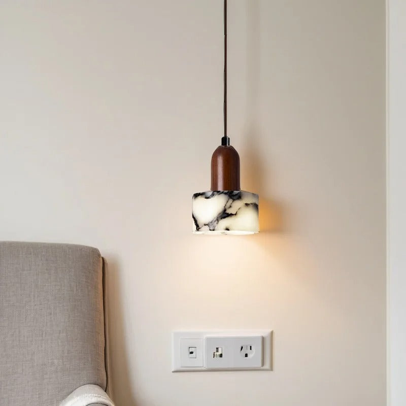 Larno Japandi Marble Wood Cylinder Pendant Light - Lumovique