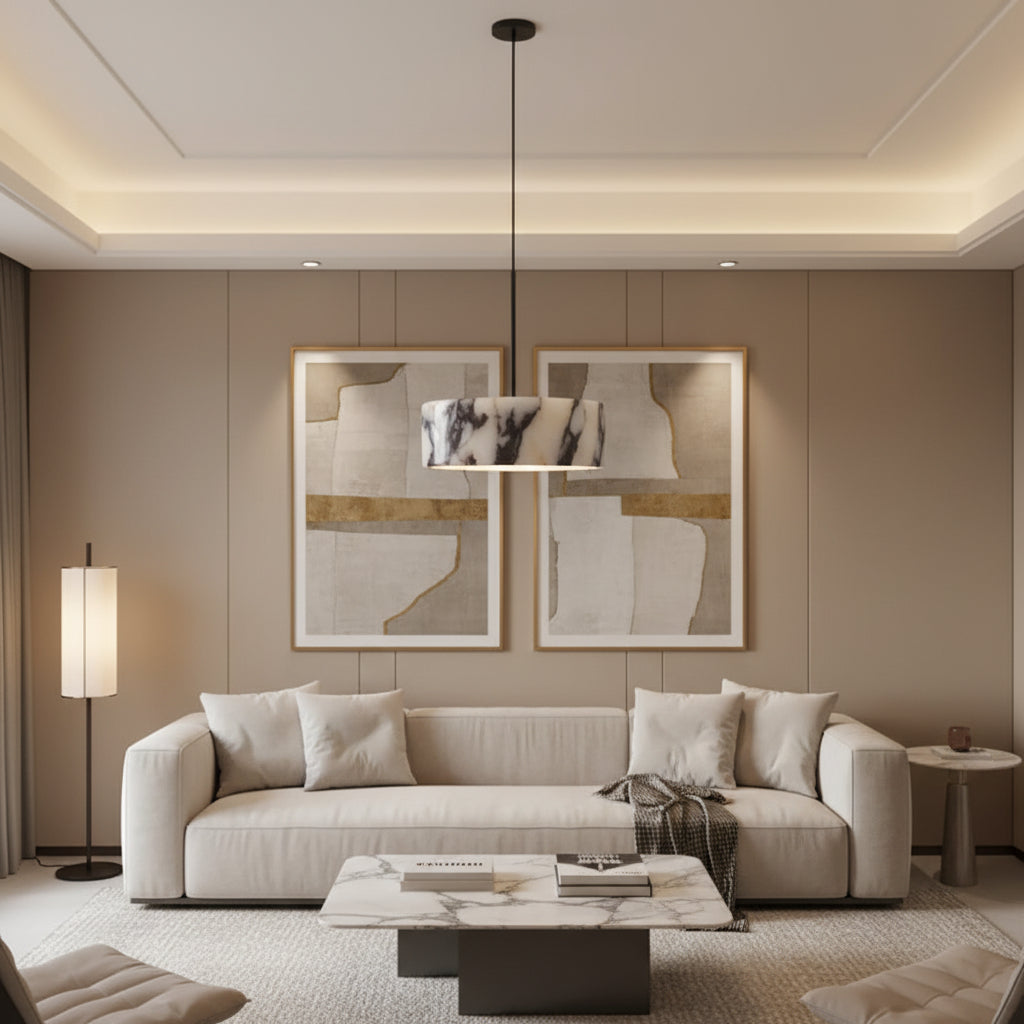 Rulen Japandi Marble Drum Pendant Light - Lumovique