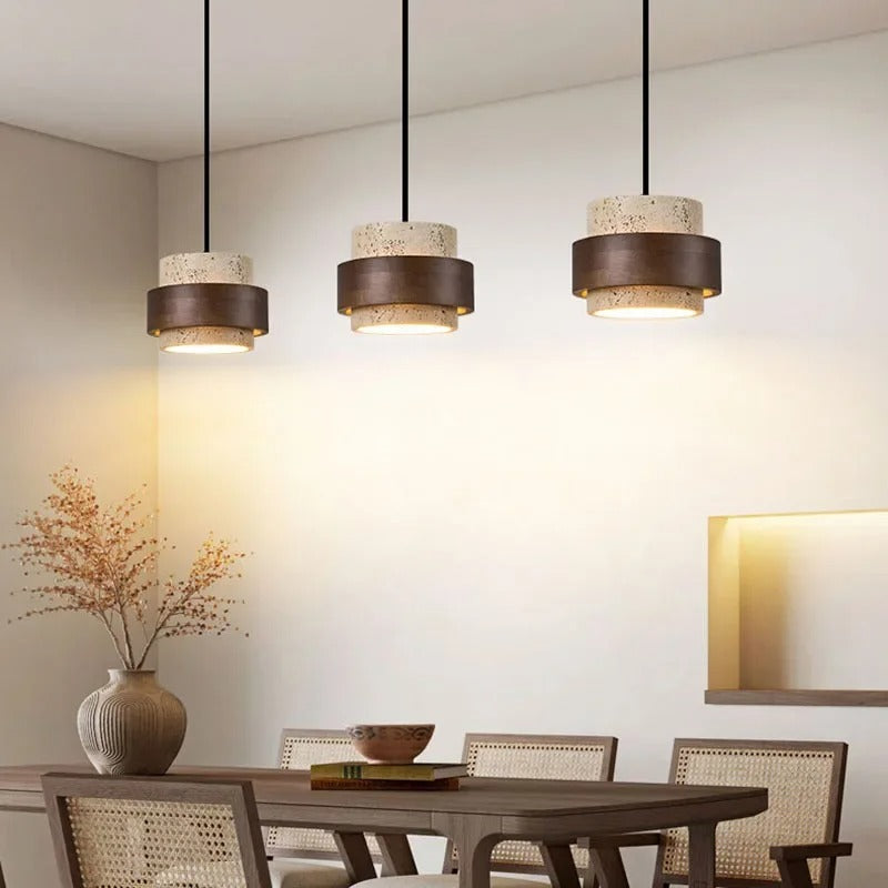 Vyli Wabi Sabi Travertine Wood Pendant Light - Lumovique