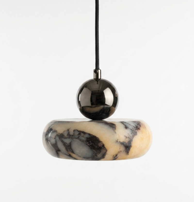 Farno Marble Pebble Pendant Light with Gunmetal Sphere, Cream Veined Hanging Fixture
