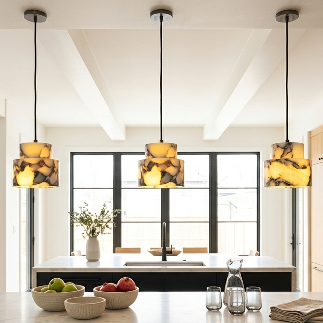 Selno Art Deco Marble Stepped Cylinder Pendant Light - Lumovique