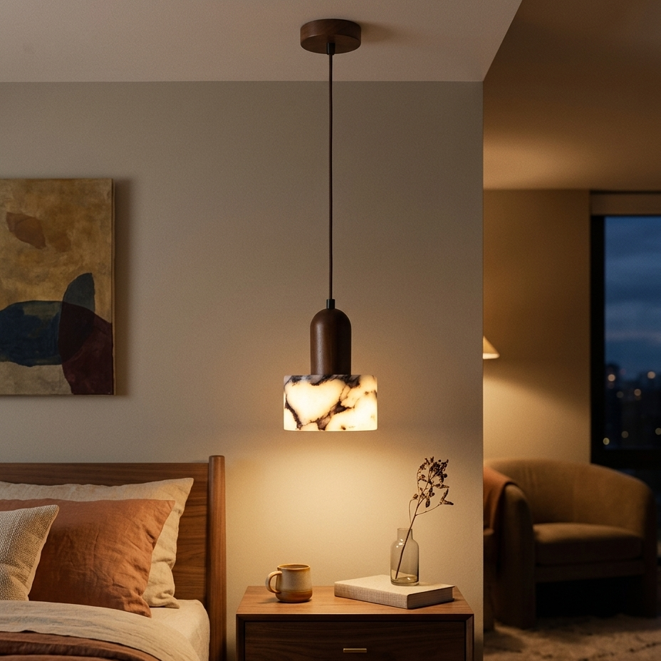 Larno Japandi Marble Wood Cylinder Pendant Light - Lumovique