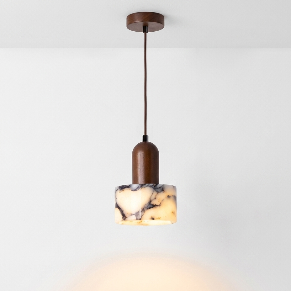 Larno Japandi Marble Wood Cylinder Pendant Light - Lumovique