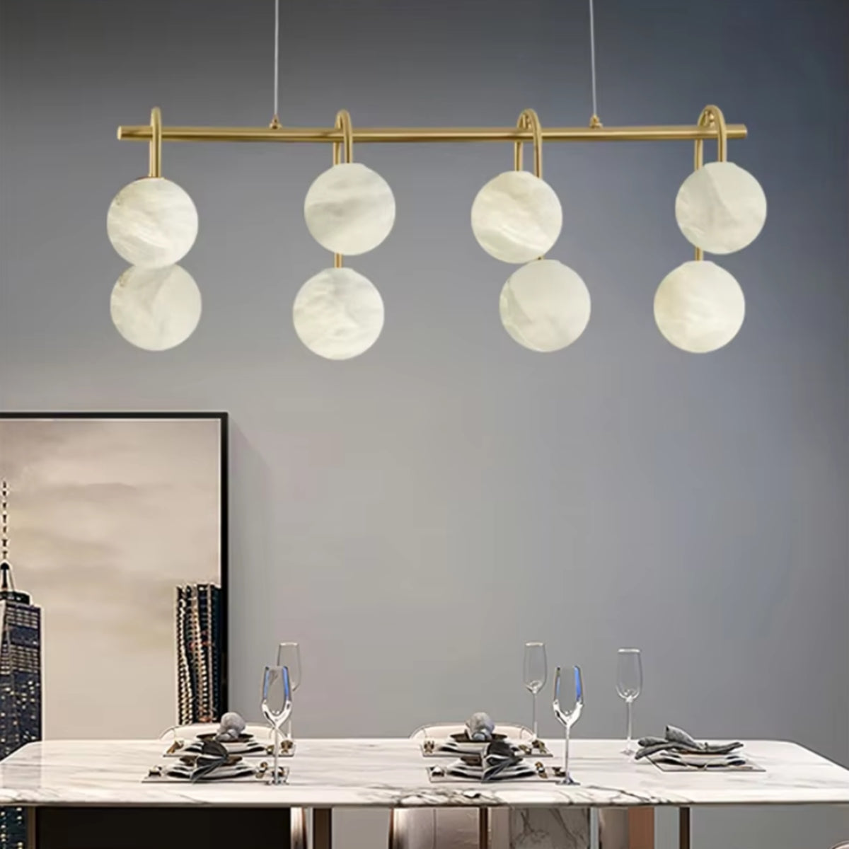 Nere Mid Century Alabaster Globe Linear Chandelier - Lumovique