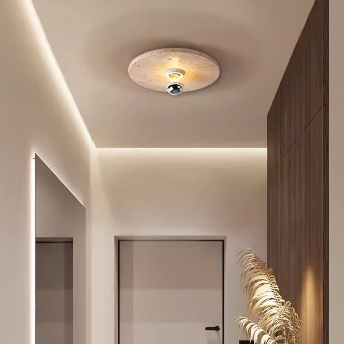 Felu Japandi Travertine Wood Semi Flush Mount Ceiling Light - Lumovique