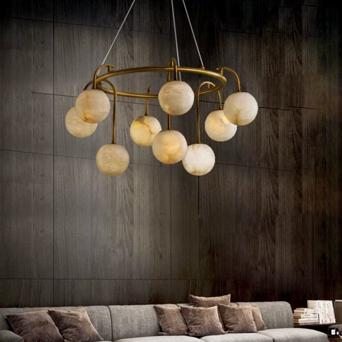 Cazen Mid Century Alabaster Globe Ring Chandelier - Lumovique
